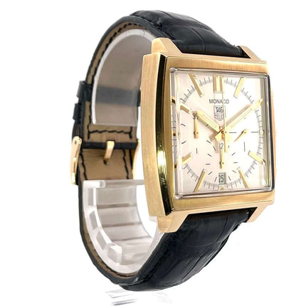 TAG Heuer Monaco Automatik Chronograph CW5140.FC8147, rechteckiges 18 kt Gelbgoldgehäuse, schwarzes Krokoleder Armband, silberfarbenes Zifferblatt