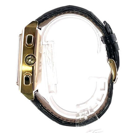 Seitenansicht der TAG Heuer Monaco Automatik Chronograph CW5140.FC8147 mit schwarzem Krokoleder Armband und goldfarbenem Gehäuse