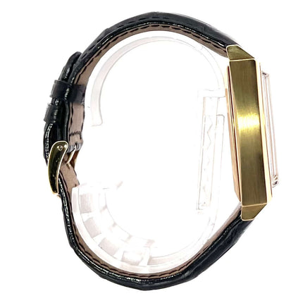 TAG Heuer Monaco Automatik Chronograph CW5140.FC8147 seitliche Ansicht, gebrauchtes Modell, rechteckiges Gelbgoldgehäuse, schwarzes Lederarmband