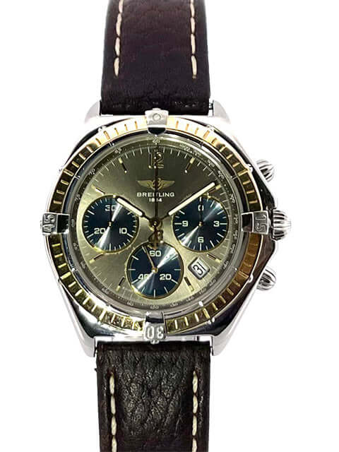 Breitling Windrider Sextant Chrono D55046 mit Aftermarket Lederband, Quarz Chronograph, graues Zifferblatt, Saphirglas, und Edelstahlgehäuse.
