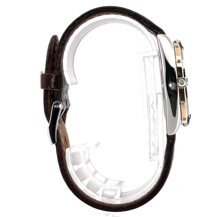 Seitenansicht der Breitling Windrider Sextant Chrono D55046 mit poliertem Edelstahlgehäuse und Aftermarket Lederband.