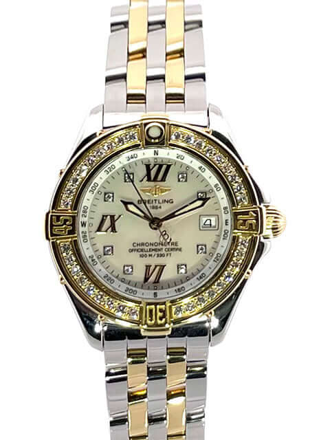 Breitling Windrider B-class Lady D71365 mit Edelstahl-Gold-Gehäuse, Diamantlünette, Perlmuttzifferblatt, römischen Ziffern, Edelstahl-Gold-Armband