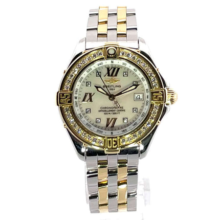 Breitling Windrider B-class Lady D71365 Uhr aus Edelstahl und Gelbgold mit Diamantlünette und weiße Zifferblatt, glänzend, Quarz, 31 mm.