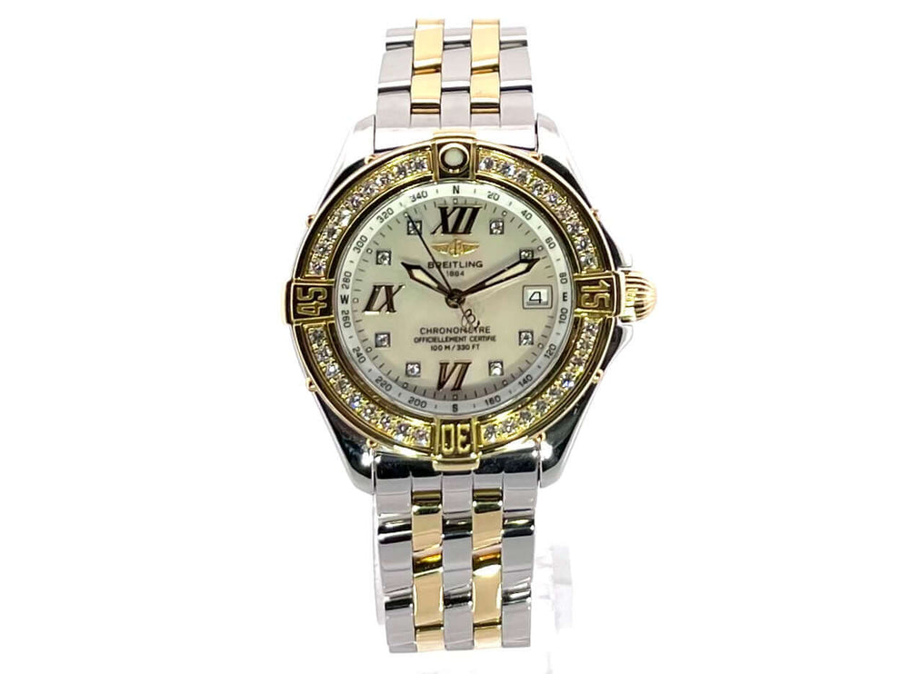 Breitling Windrider B-class Lady D71365 Uhr aus Edelstahl und Gelbgold mit Diamantlünette und weiße Zifferblatt, glänzend, Quarz, 31 mm.