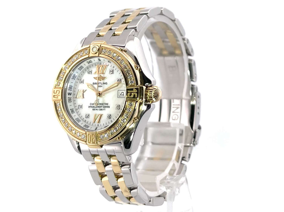 Breitling Windrider B-class Lady D71365 Uhr aus Edelstahl und Gelbgold mit Diamantlünette, Perlmutt Zifferblatt und römischen Ziffern