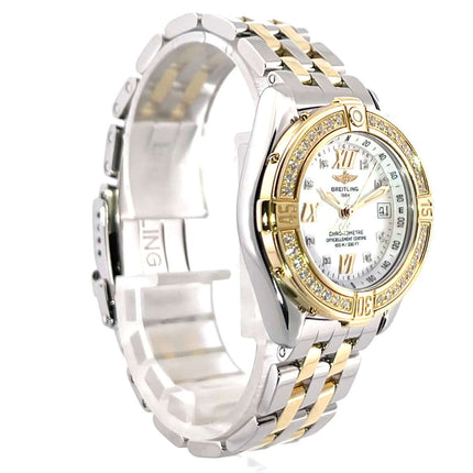Breitling Windrider B-class Lady D71365 Uhr aus Edelstahl und Gelbgold, mit Diamantlünette und Perlmutt Zifferblatt.