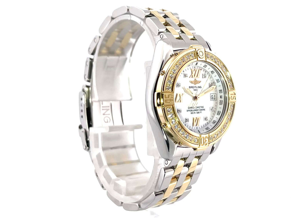 Breitling Windrider B-class Lady D71365 Uhr aus Edelstahl und Gelbgold, mit Diamantlünette und Perlmutt Zifferblatt.