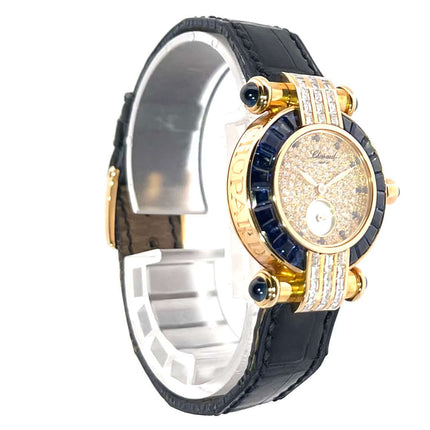 18 k Chopard Imperiale Gelbgold Uhr, schwarz Lederband, Quarzwerk, Diamant Zifferblatt, Saphirglas, sehr guter Zustand, inklusive Box und Papiere.