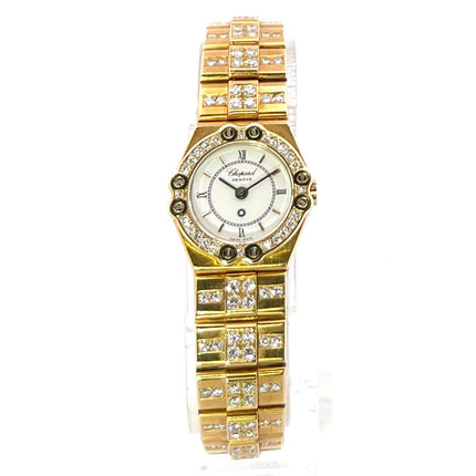 Chopard St. Moritz Gelbgold 25-4643 Uhr mit Diamant-Gelbgoldband und weißem Zifferblatt, Quarzwerk, Bild der gebrauchten Uhr im sehr guten Zustand