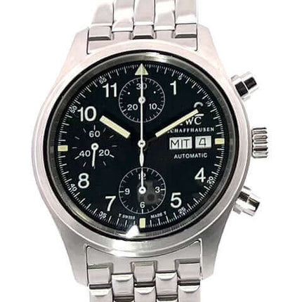 IWC Fliegeruhr Chronograph Automatic IW3706, Edelstahlgehäuse und -band, schwarzes Zifferblatt, Datums- und Wochentagsanzeige.
