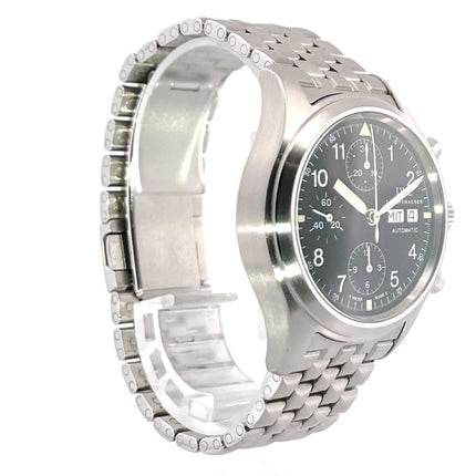 IWC Fliegeruhr Chronograph Automatic IW3706 aus Edelstahl mit schwarzem Zifferblatt, Edelstahlband, und Faltschließe. Gebraucht in sehr gutem Zustand.