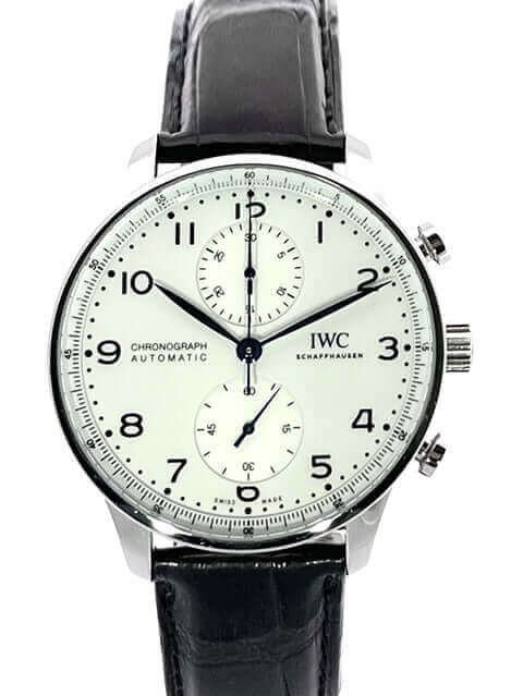 IWC Portugieser Chronograph Edition 150 Jahre IW371602 mit Edelstahlgehäuse, schwarzem Alligatorlederarmband und silberfarbenem Zifferblatt