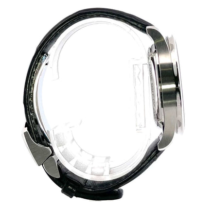 Seitenansicht der IWC Portugieser Chronograph Edition 150 Years IW371602 mit Edelstahlgehäuse und schwarzem Alligatorlederband.