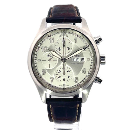 IWC Fliegeruhr Chronograph Spitfire IW371702 mit braunem Lederband und silberfarbenem Zifferblatt