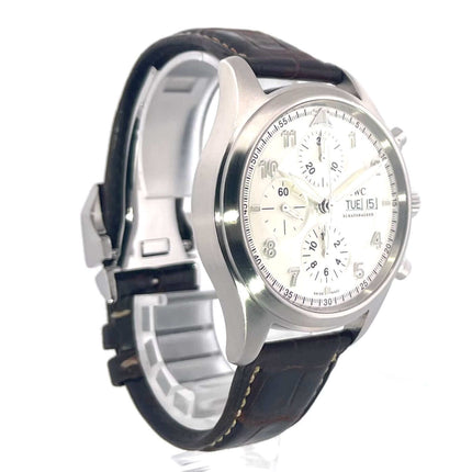 IWC Fliegeruhr Chronograph Spitfire IW371702, Edelstahlgehäuse, braunes Lederband, silberfarbenes Zifferblatt, Saphirglas, Automatikwerk, guter Zustand