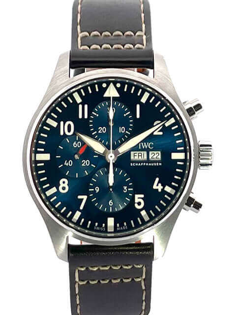 IWC Fliegeruhr Chronograph Edition Le Petit Prince IW377714 mit blauem Zifferblatt und braunem Lederband
