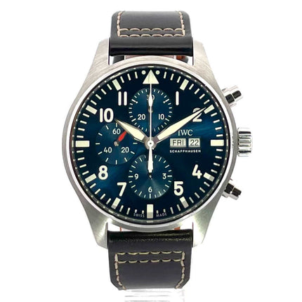 IWC Fliegeruhr Chronograph Edition Le Petit Prince IW377714, Edelstahlgehäuse, braunes Lederband, blaues Zifferblatt, Automatikwerk, sehr guter Zustand.
