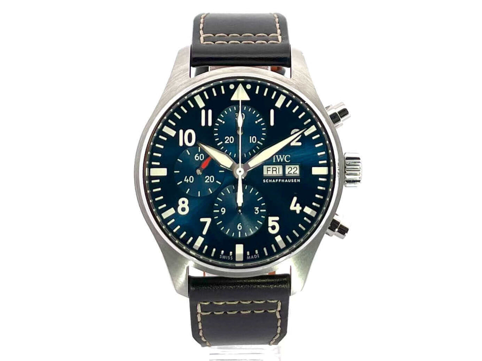 IWC Fliegeruhr Chronograph Edition Le Petit Prince IW377714, Edelstahlgehäuse, braunes Lederband, blaues Zifferblatt, Automatikwerk, sehr guter Zustand.