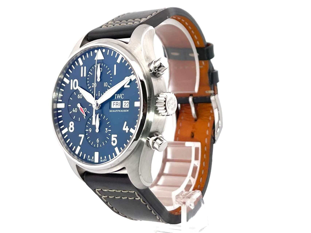 IWC Fliegeruhr Chronograph Edition Le Petit Prince IW377714 mit blauem Zifferblatt und braunem Lederband, Edelstahlgehäuse, Automatikwerk