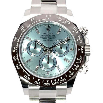 Rolex Daytona Platin 116506 mit eisblauem Zifferblatt und Diamanten, polierte Keramik-Lünette, Oyster Armband in Platin.