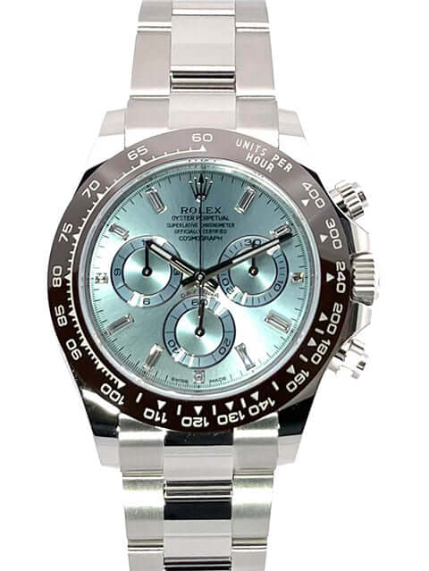 Rolex Daytona Platin 116506 mit eisblauem Zifferblatt und Diamanten, polierte Keramik-Lünette, Oyster Armband in Platin.