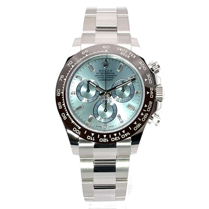 Rolex Daytona Platin 116506 mit eisblauem Zifferblatt und Diamanten, poliertes Platingehäuse, Keramik-Lünette, Oyster Armband.