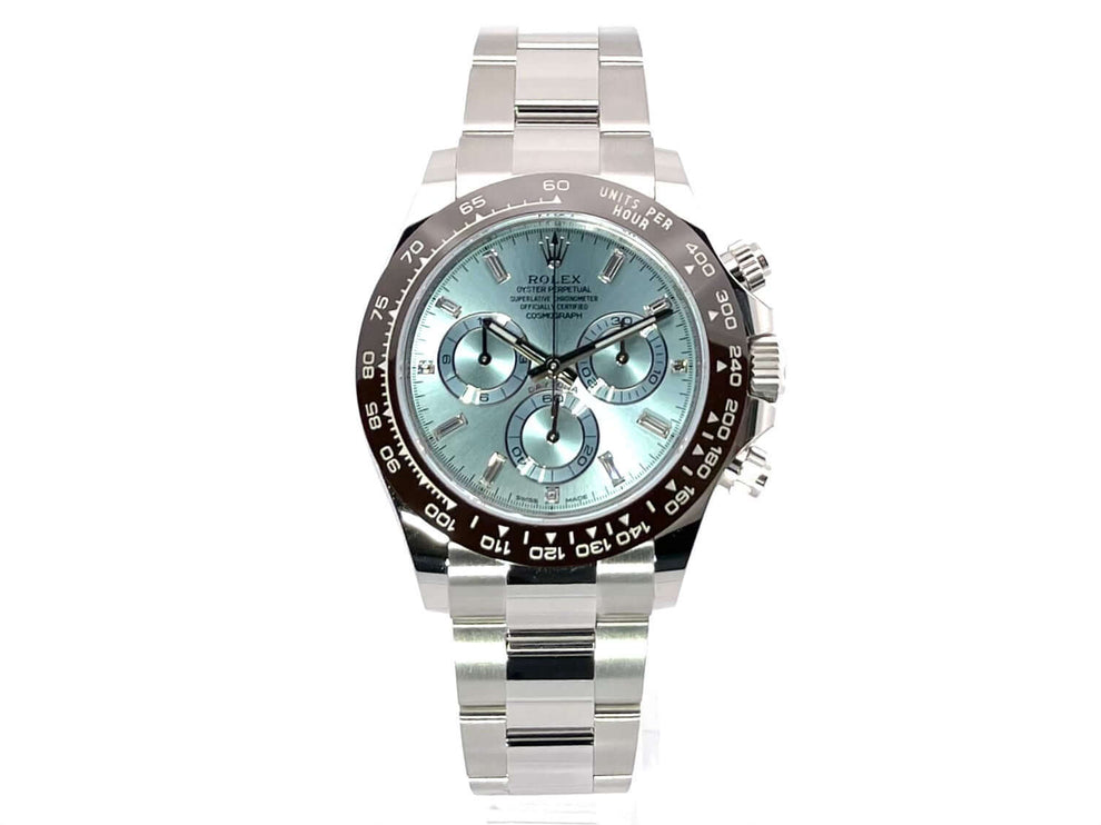 Rolex Daytona Platin 116506 mit eisblauem Zifferblatt und Diamanten, poliertes Platingehäuse, Keramik-Lünette, Oyster Armband.