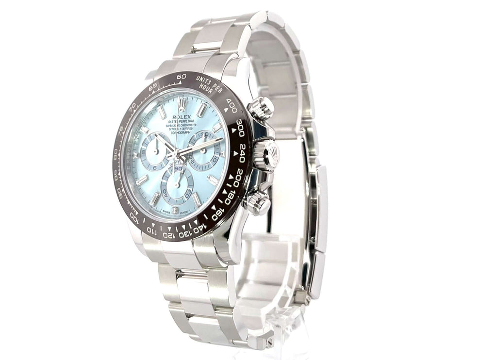 Rolex Daytona Platin 116506 Eisblau Diamant Chronometer, Platin Gehäuse, Keramik Lünette, Eisblaues Zifferblatt, Platin Oyster Armband.