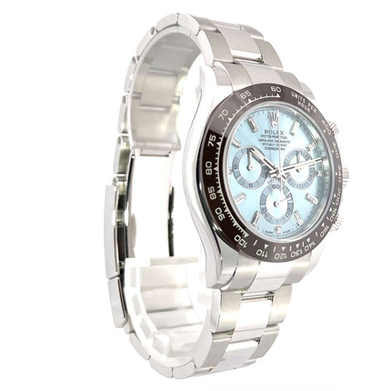 Rolex Daytona Platin 116506 Eisblau Diamant Armbanduhr mit Keramik Lünette und Oyster Armband, Eisblaues Zifferblatt und Diamantmarkierungen