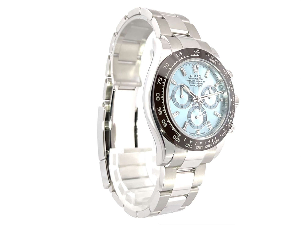 Rolex Daytona Platin 116506 Eisblau Diamant Armbanduhr mit Keramik Lünette und Oyster Armband, Eisblaues Zifferblatt und Diamantmarkierungen