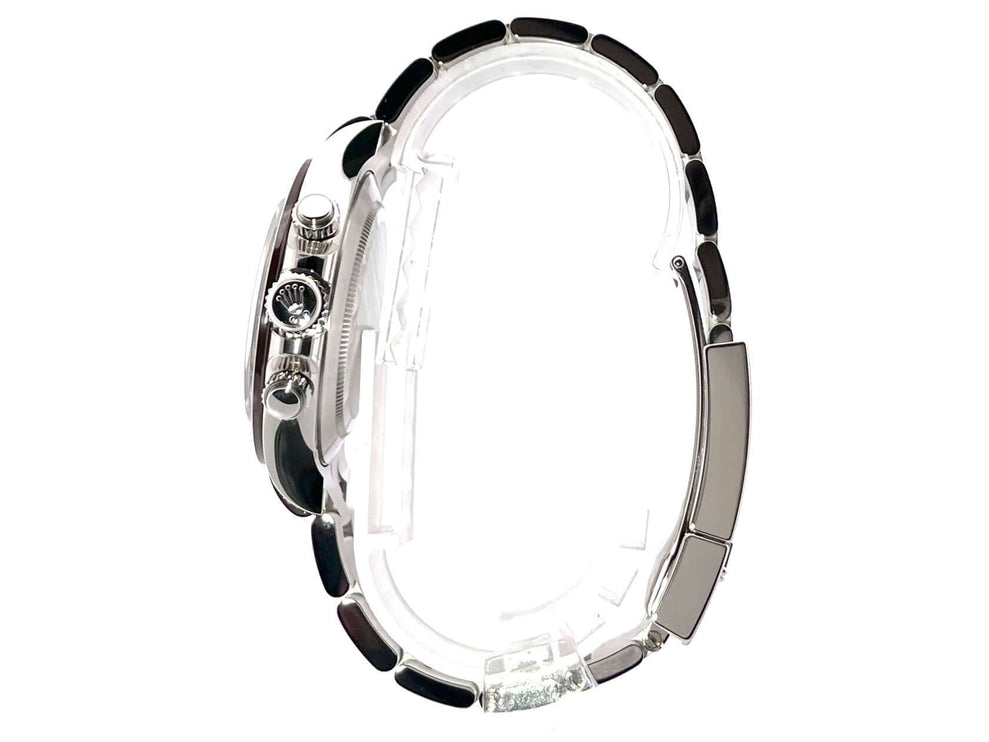 Seitenansicht Rolex Daytona Platin 116506 mit poliertem und satiniertem Platinarmband und verschraubter Krone.