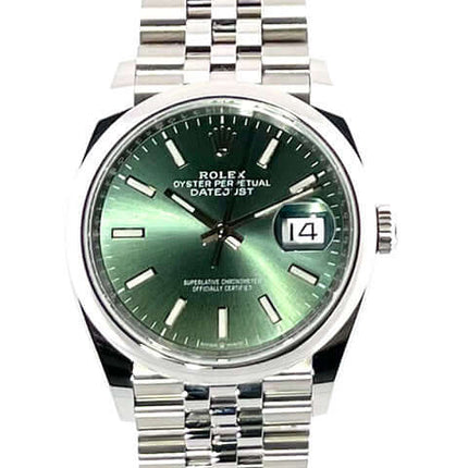 Rolex Datejust 36 Oystersteel Ref. 126200 mit mintgrünem Zifferblatt und Jubile-Edelstahlband, Automatikuhr, Chronometer mit Saphirglas.