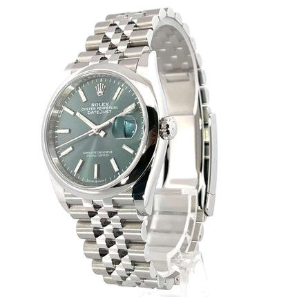 Rolex Datejust 36 Oystersteel 126200 Mintgrün mit Jubile-Band, Leuchtindizes und poliertem Edelstahlgehäuse, luxuriöse Automatikuhr in deutscher Präzision
