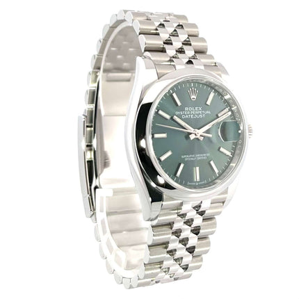 Rolex Datejust 36 Oystersteel 126200 mit mintgrünem Zifferblatt und Jubile-Edelstahlband, poliert und satiniert, Automatik, Saphirglas, Chronometer.