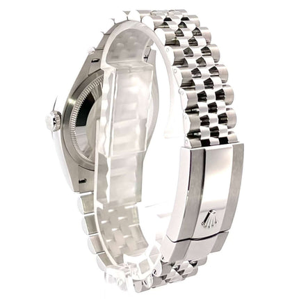 Rückseite eines Rolex Datejust 36 Oystersteel 126200 mit Jubile-Band aus Edelstahl, Detailansicht des Gehäuses und der Schließe.