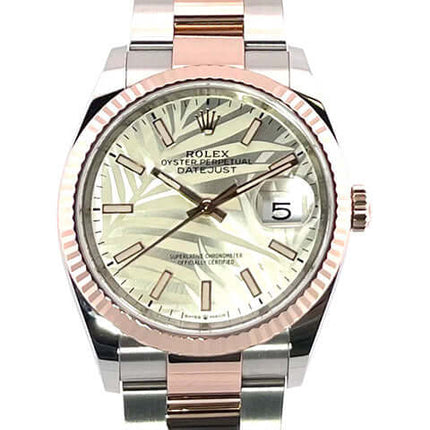 Rolex Datejust 36 Oystersteel - Everose-Gold 126231 mit silberfarbenem Palmenmuster-Zifferblatt, Edelstahl- und Everose-Gold-Armband