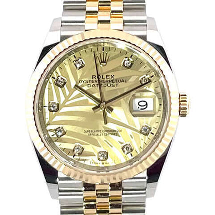 Rolex Datejust 36 goldfarbenes Palmenmuster Zifferblatt, 10 Diamanten, Edelstahl/18 kt Gelbgold Gehäuse, Jubilé Armband.