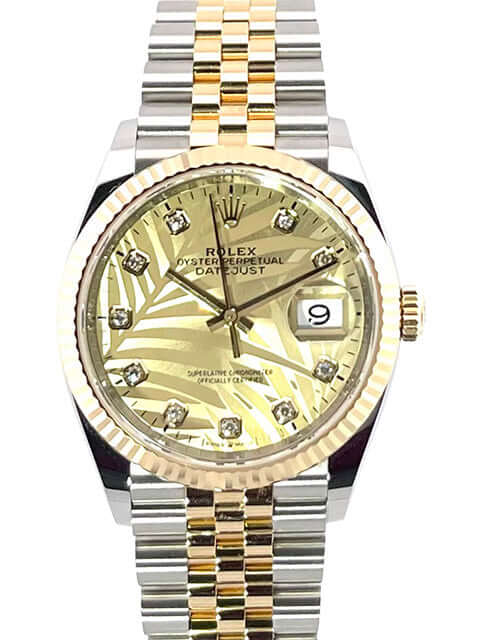 Rolex Datejust 36 goldfarbenes Palmenmuster Zifferblatt, 10 Diamanten, Edelstahl/18 kt Gelbgold Gehäuse, Jubilé Armband.