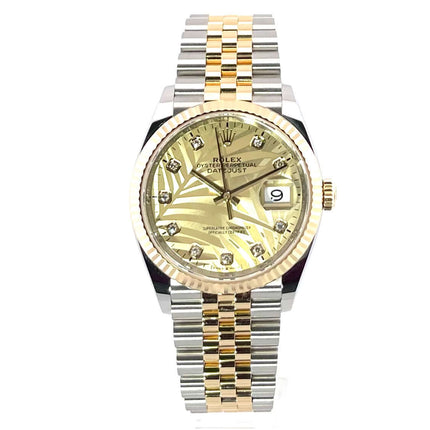 Rolex Datejust 36 126233 mit goldenem Palmenmuster, Diamant-Zifferblatt und zweifarbigem Jubilé-Armband aus Edelstahl und 18 kt Gelbgold