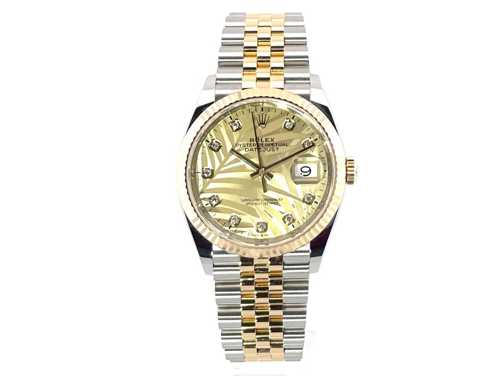Rolex Datejust 36 126233 mit goldenem Palmenmuster, Diamant-Zifferblatt und zweifarbigem Jubilé-Armband aus Edelstahl und 18 kt Gelbgold