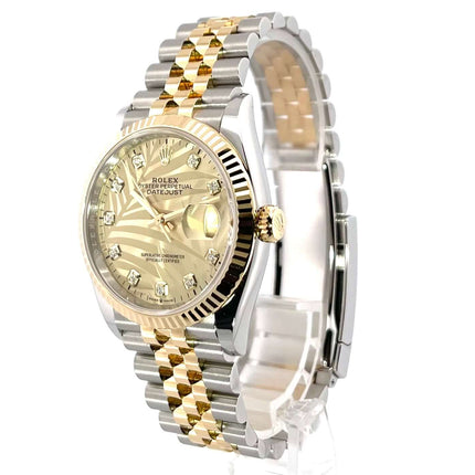 Rolex Datejust 36 126233 golden Palmenmuster Zifferblatt, Edelstahl und Gelbgold Jubilé-Armband, Diamanten, Automatikwerk