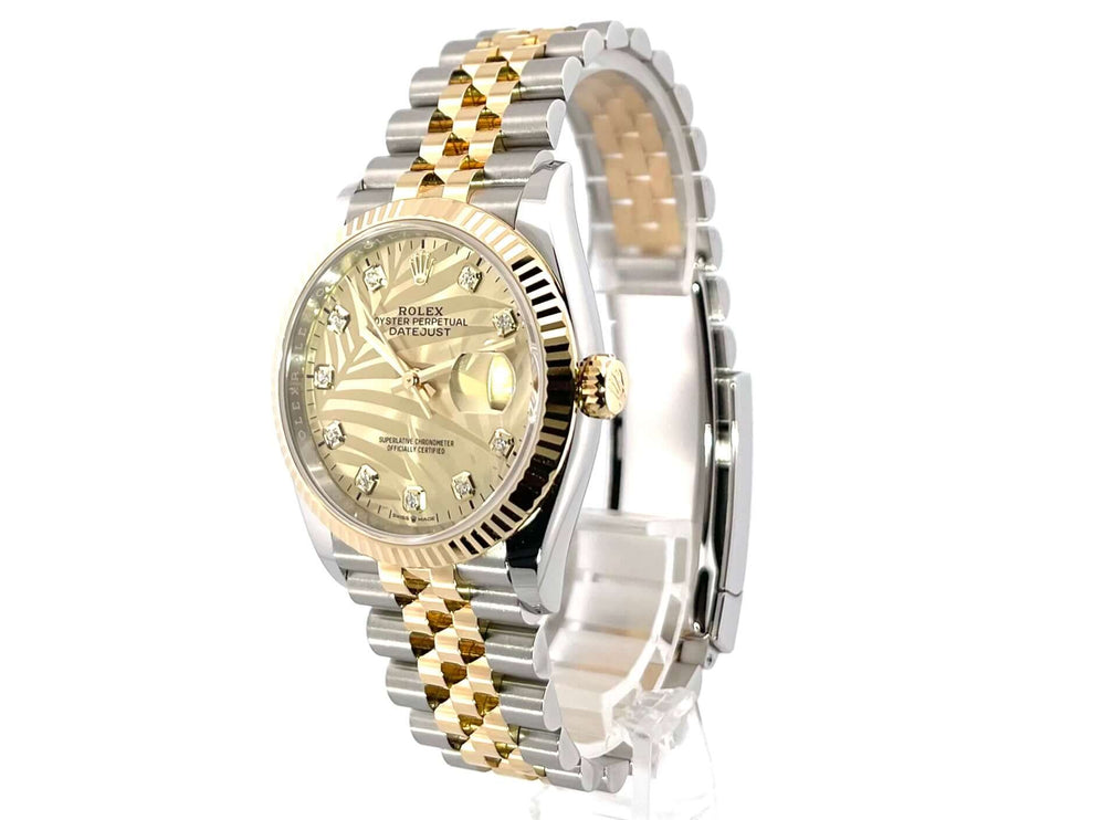 Rolex Datejust 36 126233 golden Palmenmuster Zifferblatt, Edelstahl und Gelbgold Jubilé-Armband, Diamanten, Automatikwerk
