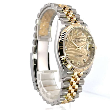 Rolex Datejust 36 126233 mit goldenem Palmenmuster und Diamant-Jubilé-Band aus Edelstahl und Gelbgold.