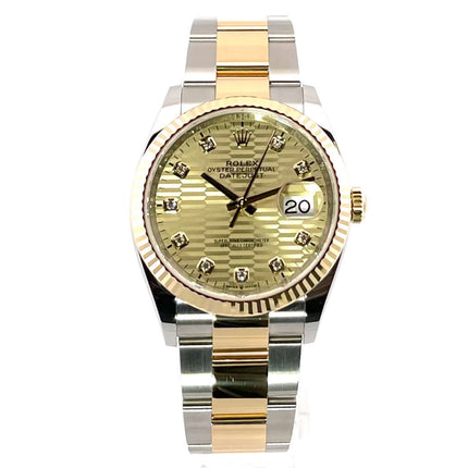 Rolex Datejust 36 126233 in Oystersteel und Gelbgold, geriffelte Lünette, Zifferblatt mit 10 Diamanten, automatische Uhr.