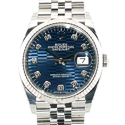 Rolex Datejust 36 Oystersteel Weißgold 126234 Blau Riffel Zifferblatt Diamant Jubile-Band Uhr