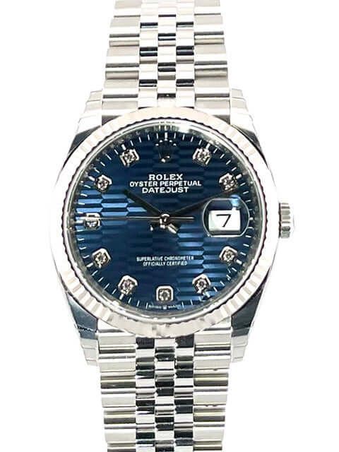 Rolex Datejust 36 Oystersteel Weißgold 126234 Blau Riffel Zifferblatt Diamant Jubile-Band Uhr