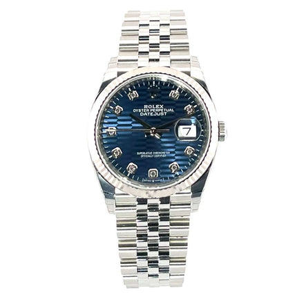 Rolex Datejust 36 Oystersteel Weißgold 126234, Blaues Riffelmuster, Diamantindizes, Jubiläumsband, Automatik, 70 Stunden Gangreserve