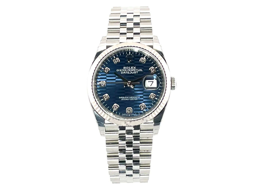 Rolex Datejust 36 Oystersteel Weißgold 126234, Blaues Riffelmuster, Diamantindizes, Jubiläumsband, Automatik, 70 Stunden Gangreserve