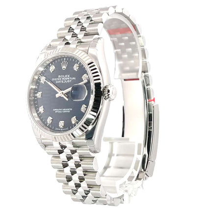 Rolex Datejust 36 Oystersteel Weißgold 126234 mit blauem Zifferblatt und Diamanten, Jubile-Band, poliert und satiniert, 36mm Gehäuse