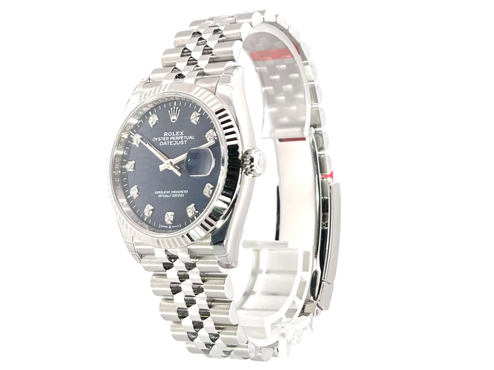 Rolex Datejust 36 Oystersteel Weißgold 126234 mit blauem Zifferblatt und Diamanten, Jubile-Band, poliert und satiniert, 36mm Gehäuse